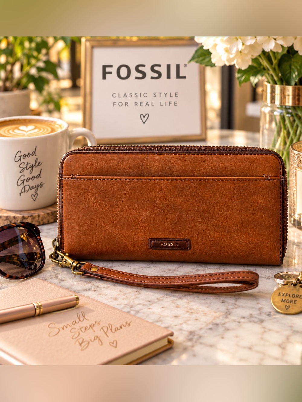 Fossil Julia Leather RFID Zip Around Clutch Wristlet Wallet Brown SWL1556